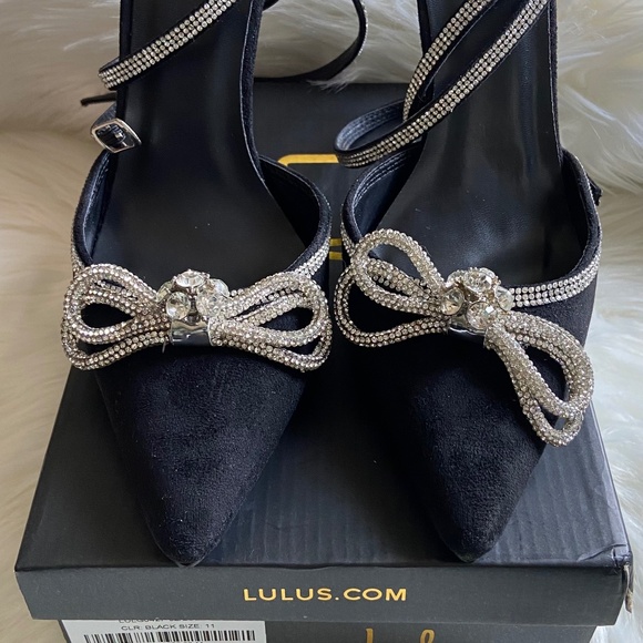 Lulus Lullie Black Suede Rhinestone Ankle Strap Pointed-Toe Pumps Heels Size 11 - Picture 4 of 8